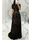 Modest Formal Long Black Sparkly Sequins Prom Dress With Short Sleeves