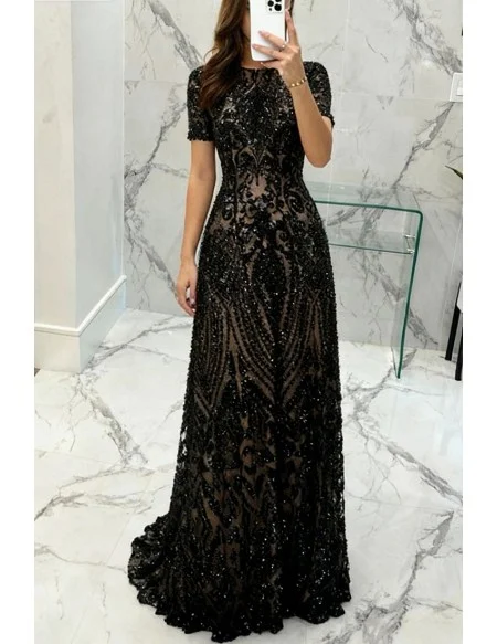 Modest Formal Long Black Sparkly Sequins Prom Dress With Short Sleeves