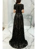 Modest Formal Long Black Sparkly Sequins Prom Dress With Short Sleeves