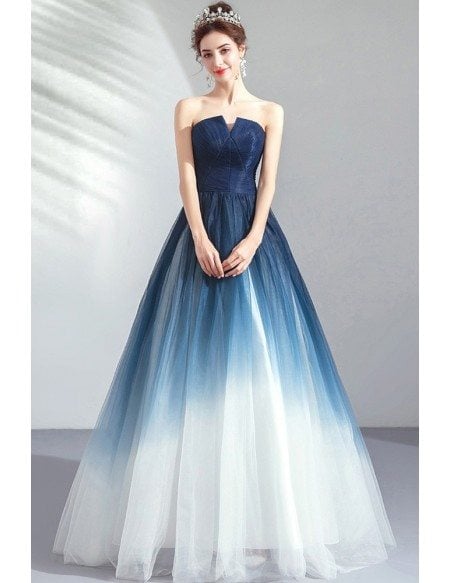 Dreamy Ombre Blue Ballgown Tulle Prom Dress Formal Strapless