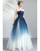 Dreamy Ombre Blue Ballgown Tulle Prom Dress Formal Strapless