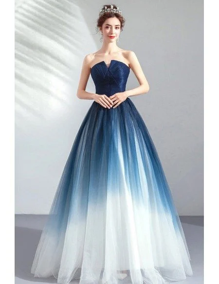 Dreamy Ombre Blue Ballgown Tulle Prom Dress Formal Strapless