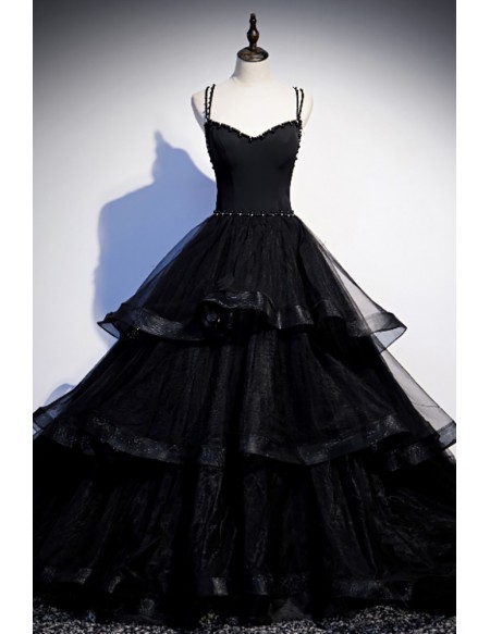 Formal Long Black Ruffled Tulle Evening Prom Dress With Sequined Straps