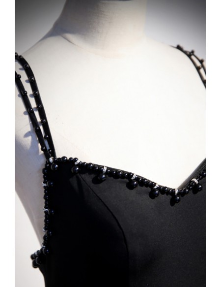 Formal Long Black Ruffled Tulle Evening Prom Dress With Sequined Straps