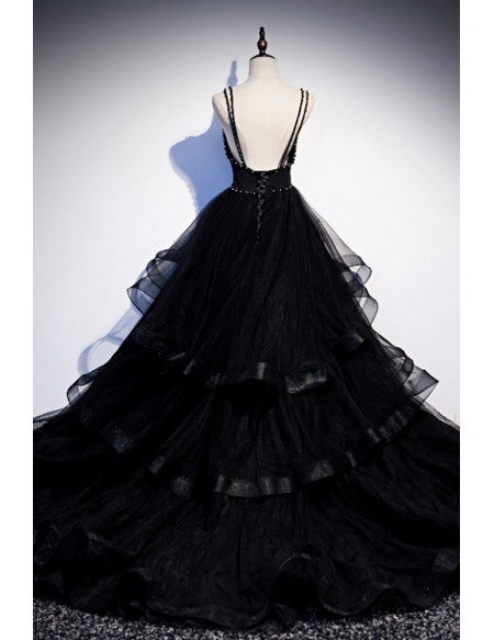 Formal Long Black Ruffled Tulle Evening Prom Dress With Sequined Straps