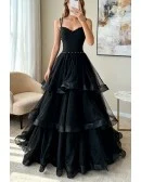Formal Long Black Ruffled Tulle Evening Prom Dress With Sequined Straps