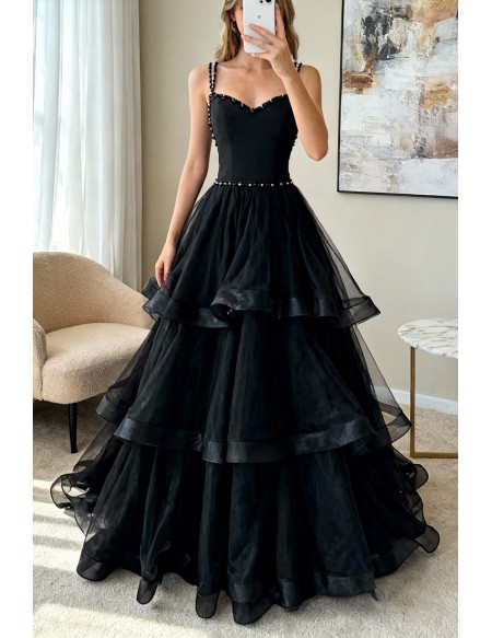 Formal Long Black Ruffled Tulle Evening Prom Dress With Sequined Straps