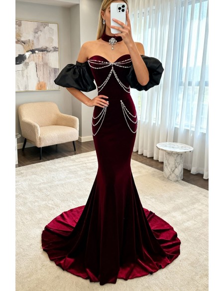 Fitted Mermaid Beading Chain Sweetheart Prom Dress with Detachable Sleeves