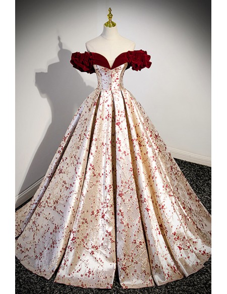 Unique Metallic Long Ballgown Prom Dress with Flowers Pattern