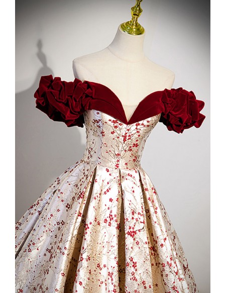Unique Metallic Long Ballgown Prom Dress with Flowers Pattern
