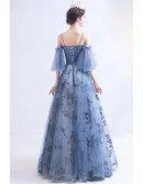 Blue Long Tulle Flower Pattern Beautiful Prom Dress With Tulle Sleeves