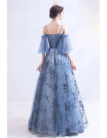 Blue Long Tulle Flower Pattern Beautiful Prom Dress With Tulle Sleeves