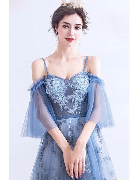 Blue Long Tulle Flower Pattern Beautiful Prom Dress With Tulle Sleeves