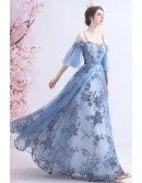 Blue Long Tulle Flower Pattern Beautiful Prom Dress With Tulle Sleeves