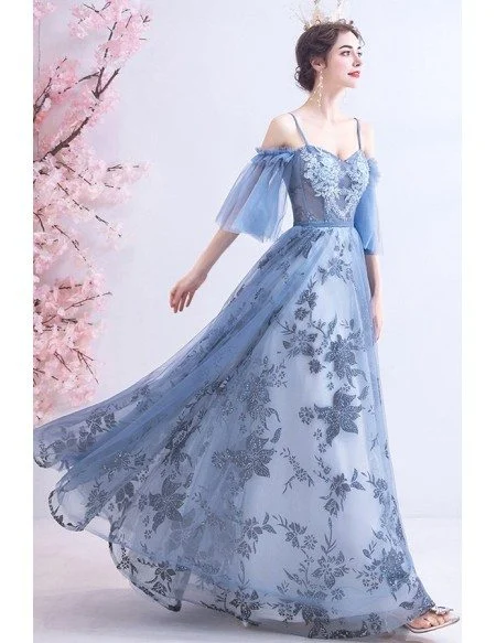 Blue Long Tulle Flower Pattern Beautiful Prom Dress With Tulle Sleeves