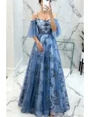 Blue Long Tulle Flower Pattern Beautiful Prom Dress With Tulle Sleeves