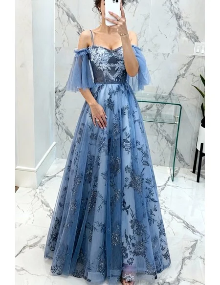 Blue Long Tulle Flower Pattern Beautiful Prom Dress With Tulle Sleeves