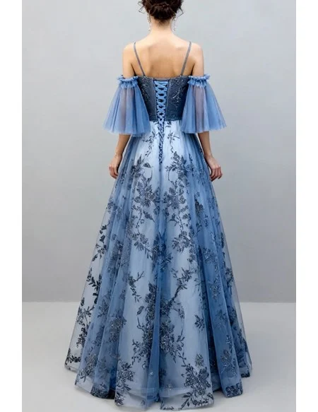 Blue Long Tulle Flower Pattern Beautiful Prom Dress With Tulle Sleeves