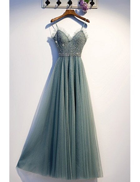 Dusty Green Beaded Sequins Long Prom Dress With Straps