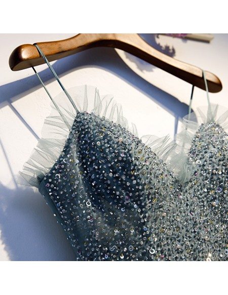 Dusty Green Beaded Sequins Long Prom Dress With Straps