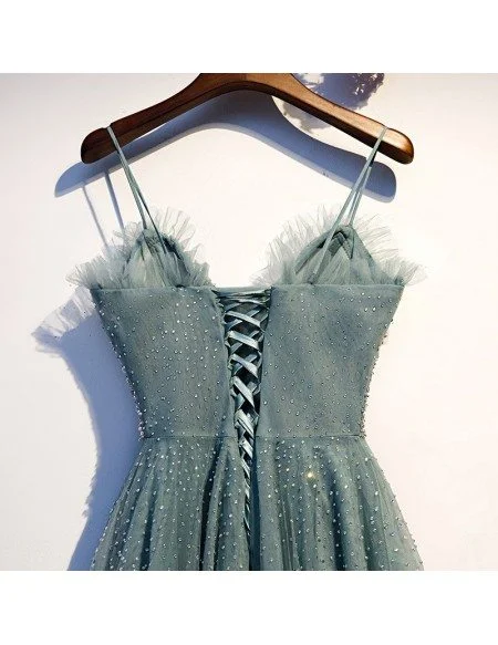 Dusty Green Beaded Sequins Long Prom Dress With Straps
