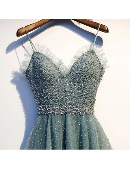 Dusty Green Beaded Sequins Long Prom Dress With Straps