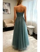 Dusty Green Beaded Sequins Long Prom Dress With Straps