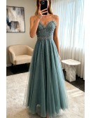 Dusty Green Beaded Sequins Long Prom Dress With Straps