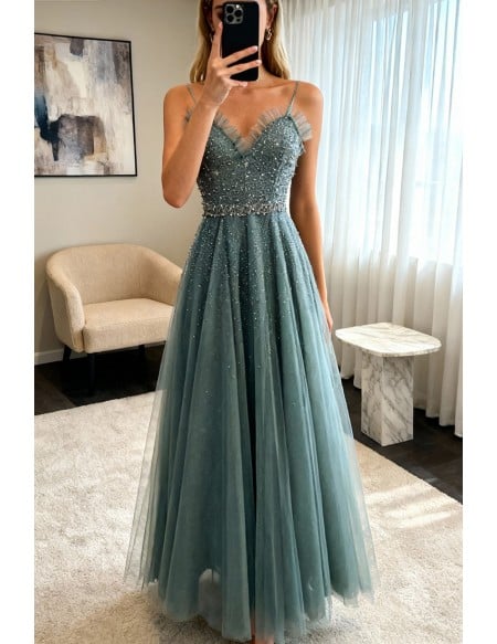 Dusty Green Beaded Sequins Long Prom Dress With Straps