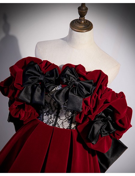 Unique Black And Red Velvet Formal Dress with Big Bow