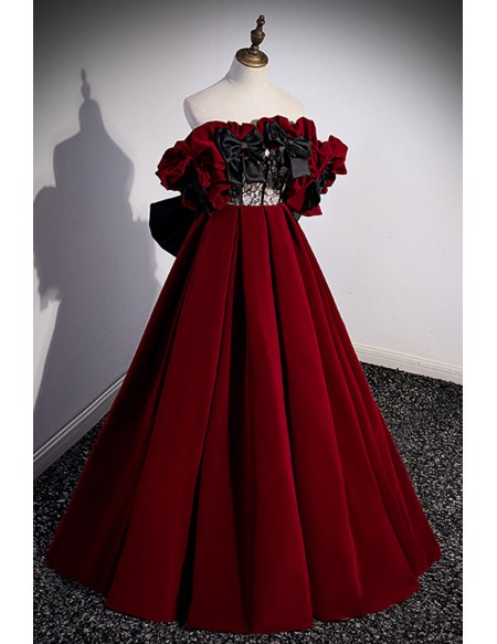 Unique Black And Red Velvet Formal Dress with Big Bow