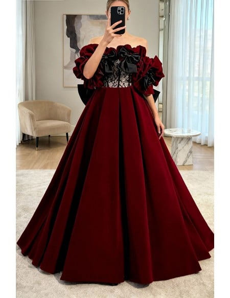 Unique Black And Red Velvet Formal Dress with Big Bow
