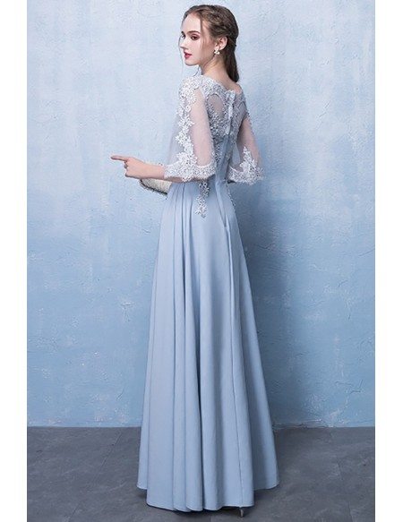 Slim Long Blue Aline Formal Party Dress with Appliques Sleeves