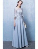 Slim Long Blue Aline Formal Party Dress with Appliques Sleeves
