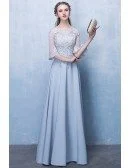 Slim Long Blue Aline Formal Party Dress with Appliques Sleeves