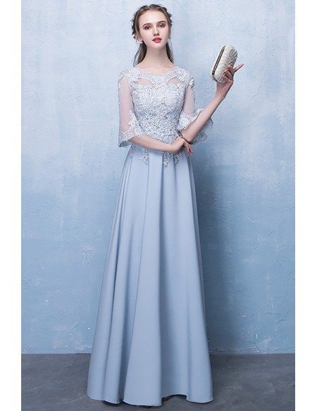 Slim Long Blue Aline Formal Party Dress with Appliques Sleeves