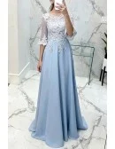 Slim Long Blue Aline Formal Party Dress with Appliques Sleeves