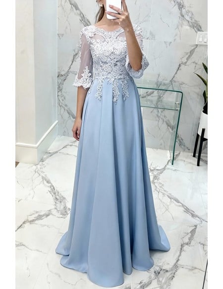 Slim Long Blue Aline Formal Party Dress with Appliques Sleeves