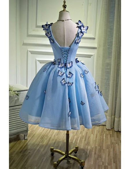 Sky Blue Short Ballgown Mesh Tulle Prom Hoco Dress with 3d Butterflies