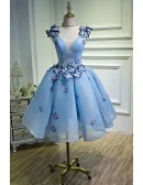 Sky Blue Short Ballgown Mesh Tulle Prom Hoco Dress with 3d Butterflies