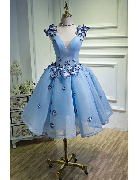 Sky Blue Short Ballgown Mesh Tulle Prom Hoco Dress with 3d Butterflies