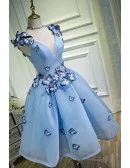 Sky Blue Short Ballgown Mesh Tulle Prom Hoco Dress with 3d Butterflies