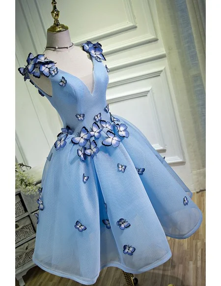 Sky Blue Short Ballgown Mesh Tulle Prom Hoco Dress with 3d Butterflies