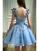 Sky Blue Short Ballgown Mesh Tulle Prom Hoco Dress with 3d Butterflies