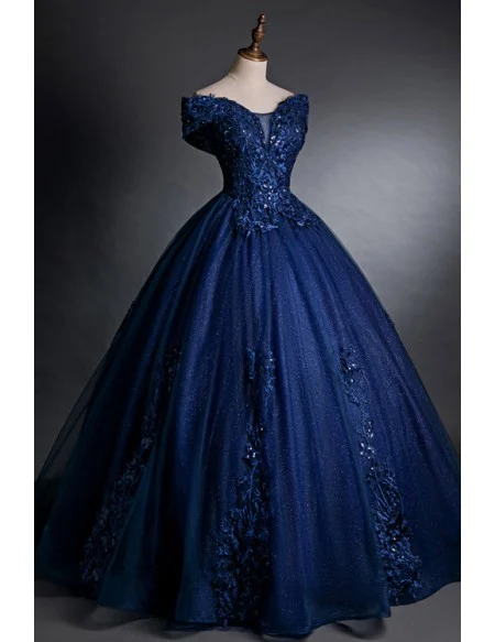 Navy Blue Bling Ballgown Mistery Prom Dress With Appliques