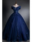 Navy Blue Bling Ballgown Mistery Prom Dress With Appliques