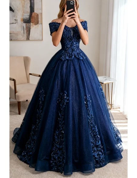 Navy Blue Bling Ballgown Mistery Prom Dress With Appliques