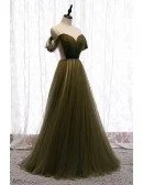 Pleated Dusty Green Tulle Formal Prom Dress with Beaded Waist