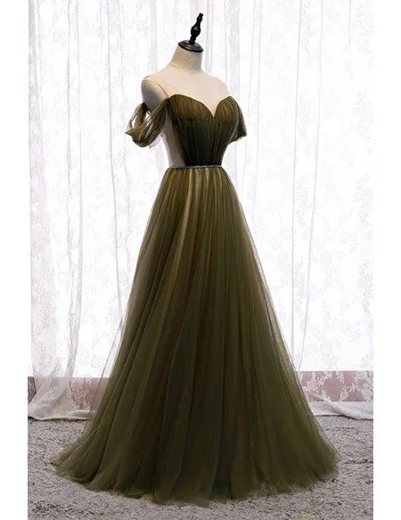 Pleated Dusty Green Tulle Formal Prom Dress with Beaded Waist