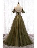 Pleated Dusty Green Tulle Formal Prom Dress with Beaded Waist